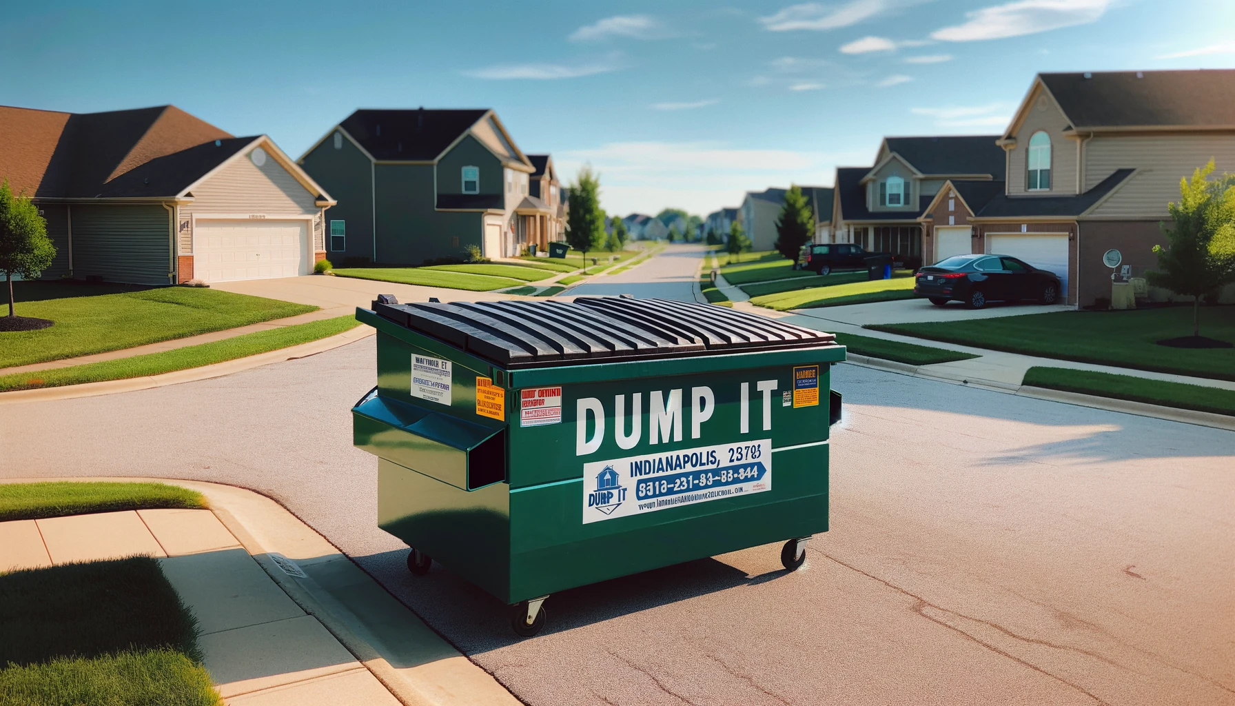 Green DUMP IT dumpster in a residential area in Indianapolis.
