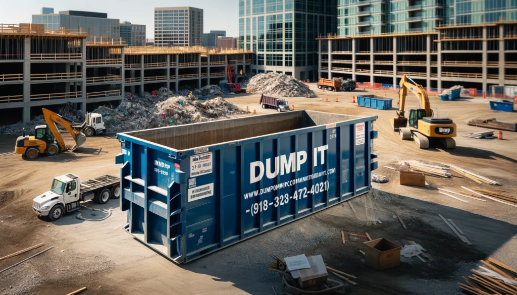 Blue DUMP IT dumpster at a construction site in Indianapolis.