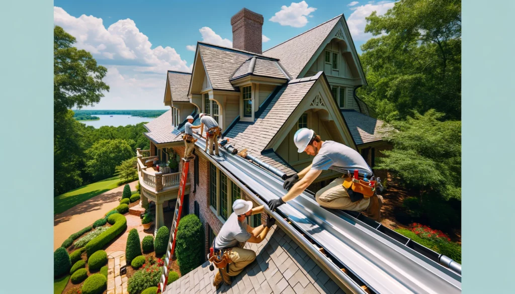 A professional team installing seamless aluminum gutters on a brick home with lush greenery and a clear sky in the background.