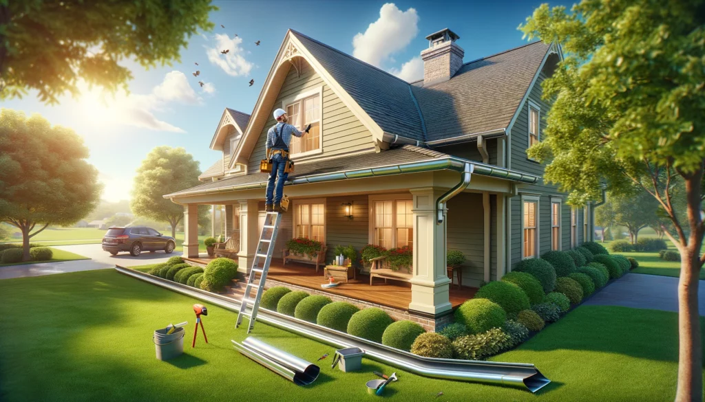 A professional worker installs a seamless gutter on a two-story home in Little Rock, AR, with green lawns and mature trees in the background.