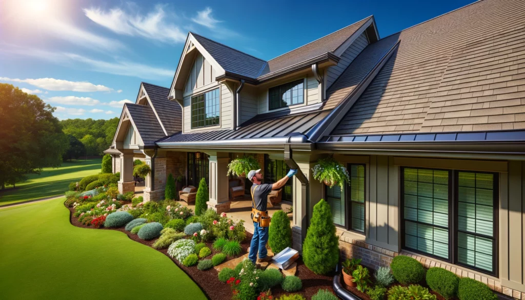 A picturesque Arkansas home with newly installed seamless rain gutters in a sleek aluminum finish, featuring a professional installer adjusting the final section.