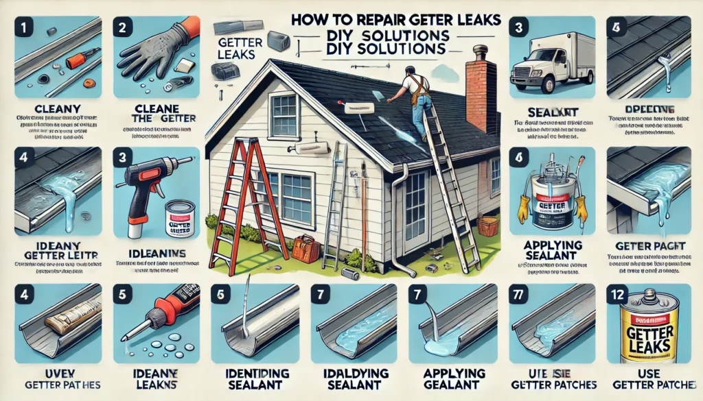 "Step-by-step instructional guide titled 'How to Repair Gutter Leaks: DIY Solutions,' showing a house with gutters, cleaning tools, sealant application, and gutter patches, including labeled tools like a ladder, gloves, and a sealant gun."