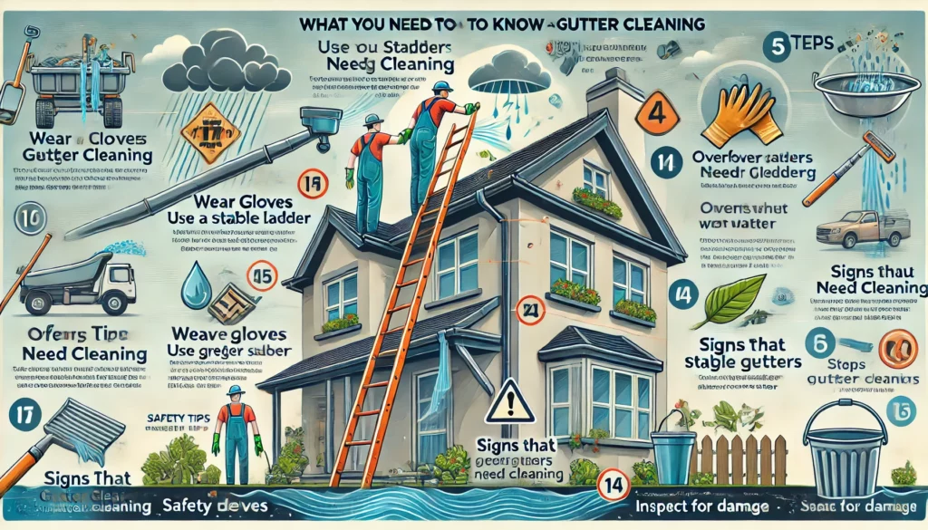 Infographic titled "What You Need to Know About Gutter Cleaning" featuring tools required (ladder, gloves, gutter scoop, bucket), safety tips (wear gloves, use a stable ladder, check weather conditions), signs gutters need cleaning (overflowing water, sagging gutters, plant growth), and cleaning steps (remove debris, flush with water, inspect for damage). The background depicts a house with visible gutters and a clear sky.