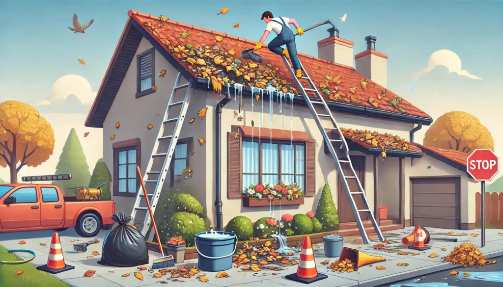 A person cleaning clogged gutters on a house with gardening tools, a bucket, and safety cones nearby, set against a clear sky and a well-maintained garden.